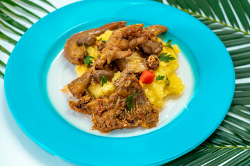 Traditional and rustic Brazilian dish, free-range chicken with polenta. Real food