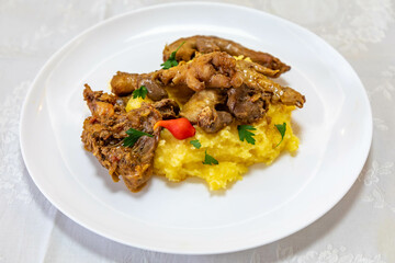 Traditional and rustic Brazilian dish, free-range chicken with polenta. Real food