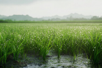 Obraz premium Dew-covered rice paddy field with mountains in the background at sunrise.