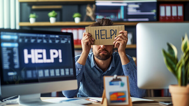 A man in a modern office holding a help sign in front of financial data on multiple monitors - Powered by Adobe