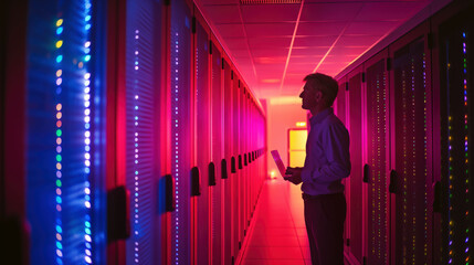 A man monitors data servers in a modern server room with soft lighting and a laptop