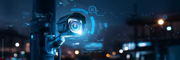 A security camera with a digital interface in a city setting at night.