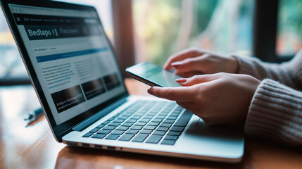 Person making an online donation with a smartphone while using a laptop in soft daylight
