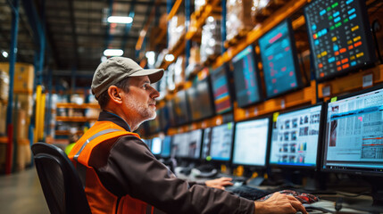 Warehouse worker analyzing logistics data on multiple monitors in a soft daylight setting