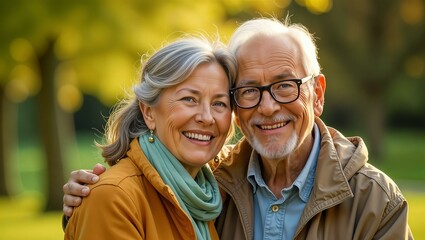 Portrait of beautiful happy senior couple posing in the park