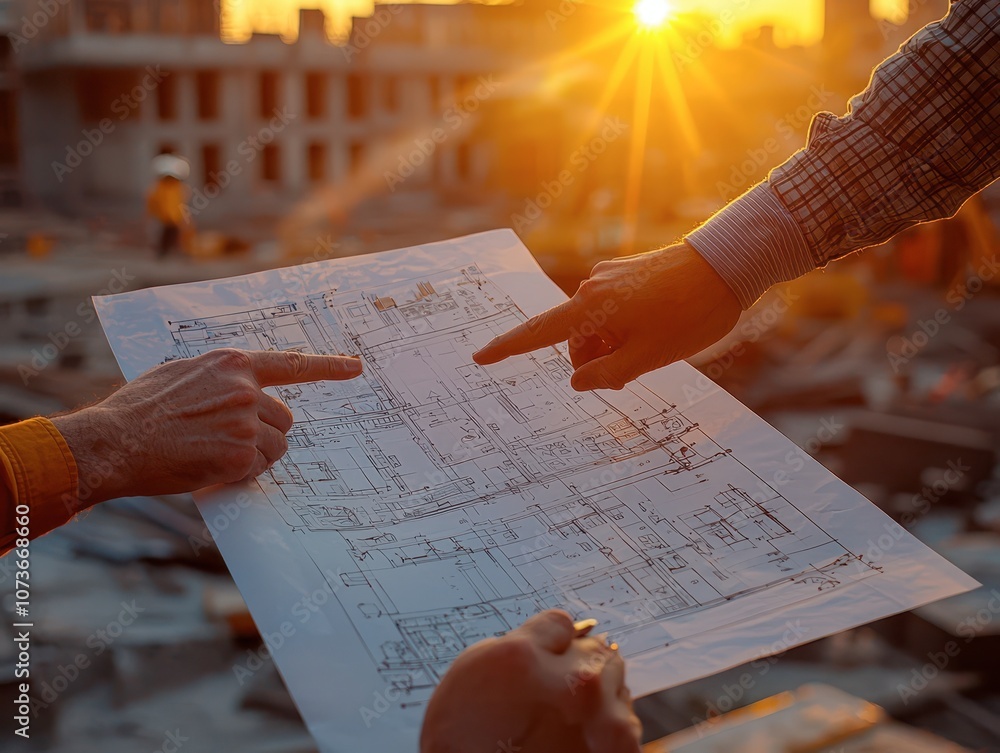 Poster hands of pointing document design carpenter working on house plans in his workshop