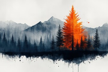 A painting of a forest with a tree in the foreground