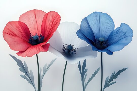Three red, white, and blue flowers are arranged in a row - Powered by Adobe