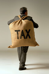 Businessman with a heavy tax burden carries a large sack labeled TAX in a minimalist scene