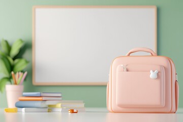 Pastel Dreams:  A peach-colored backpack sits on a desk, ready for learning, against a sage green wall with a blank whiteboard and school supplies. Perfect for back-to-school themes. 