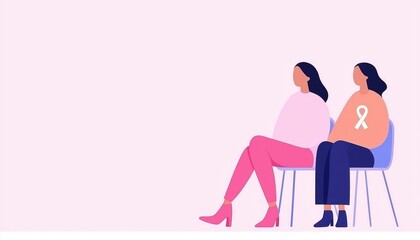 Women sitting together in pink attire, showing breast cancer awareness ribbons, community and empowerment concept