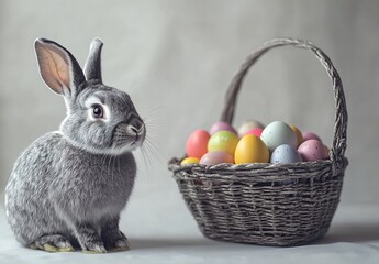 Cute Gray Rabbit with Easter Basket and Eggs