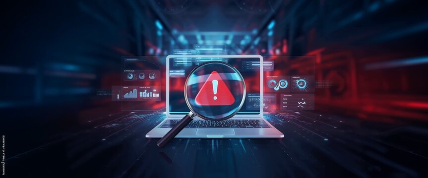 System Error Alert – Laptop with Red Warning Symbol and Magnifying Glass