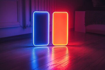 Two cell phones are lit up in neon colors
