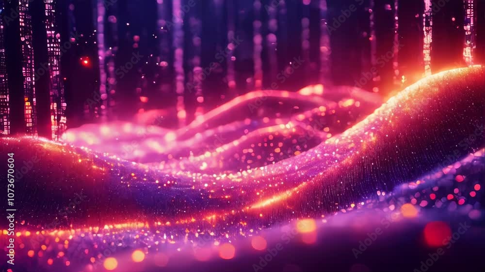 Poster neon-lit, undulating wave of digital data points on a dark background