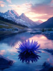 Obraz premium A single purple lotus flower blooms in a calm mountain stream at sunset.