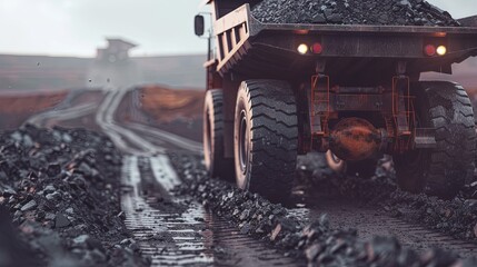 Transportation of coal in a huge dump truck. The concept of developing a deposit of something. Large scale mining operations. Illustration for varied design.