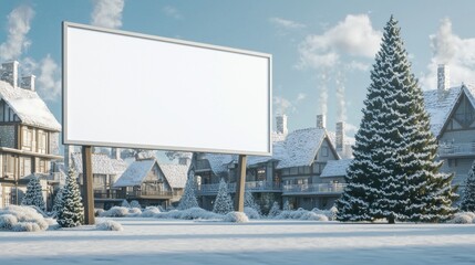 Cozy Christmas Vibes in a Quaint Village Square - Blank Billboard, Festive Decor, Smoke Chimneys, Charming Cottages, Holiday Cheer