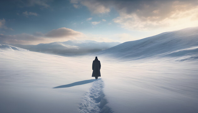 A person stands with his back turned on a snowy field where everything is covered in white. The details of the fine snow and the calm sky.