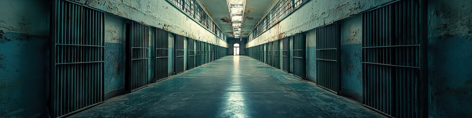 Obraz premium Concrete Corridor and Bars: A long concrete corridor with barred cells and doors, echoing with the silence of the abandoned prison.