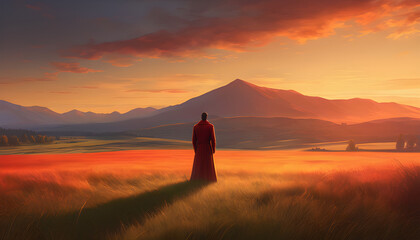 People standing with their backs turned in an open grassland during sunset. Detail of elongated shadows on the grassland and orange-red sky.