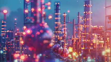 A Vibrant, Glowing Depiction of an Industrial Landscape Showcasing Modern Manufacturing Facilities at Twilight With Colorful Lights Illuminating the Structures
