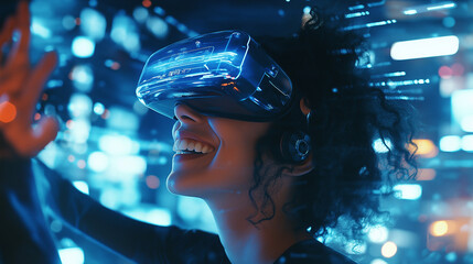 Person Smiling in a Virtual Reality Environment, capturing their excitement as they interact with a digital world