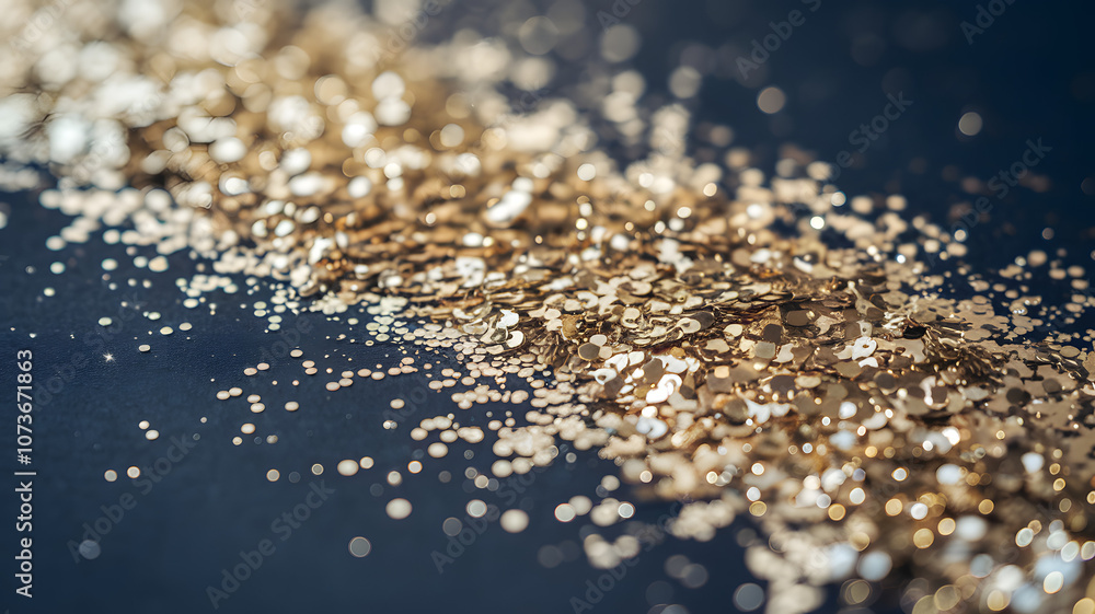 Poster close-up view of scattered gold glitter on a dark surface, creating a shimmering and festive effect