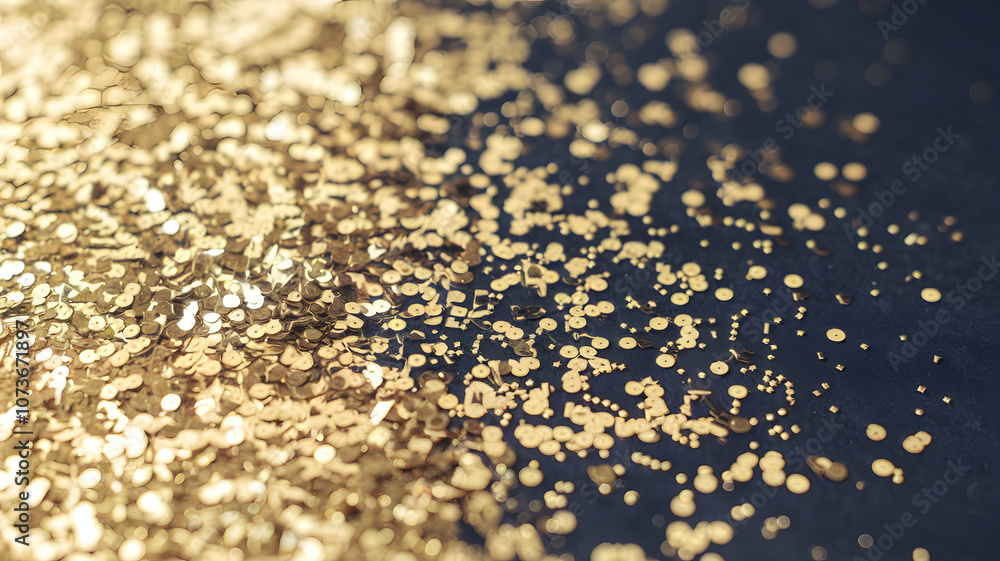 Poster golden glitter scattered on a dark surface, creating a shimmering effect ideal for artistic projects