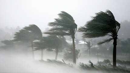A storm on the seashore. Strong wind gusts bend palm trees.  Illustration for cover, card, postcard, interior design, banner, poster, brochure or presentation.