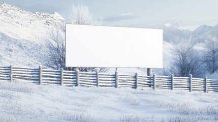 Serene Winter Landscape with Blank White Billboard in Countryside | Rustic Holiday Advertising Mockup