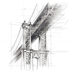 Fototapeta premium A detailed pencil sketch of a suspension bridge, highlighting its intricate structure and engineering.