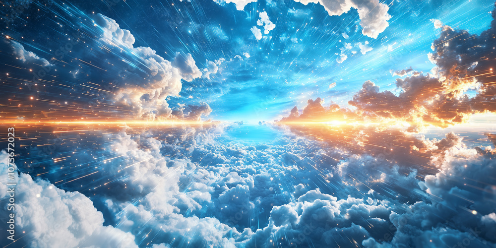 Poster vibrant digital sky scene with dynamic clouds and radiant light beams, creating sense of wonder and 