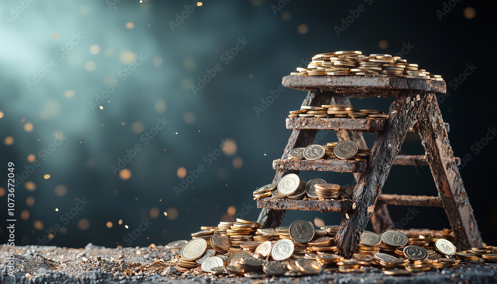 Poster rustic ladder covered in coins symbolizes financial growth and success. scene is set against dark, atmospheric background with floating particles, creating sense of aspiration and achievement