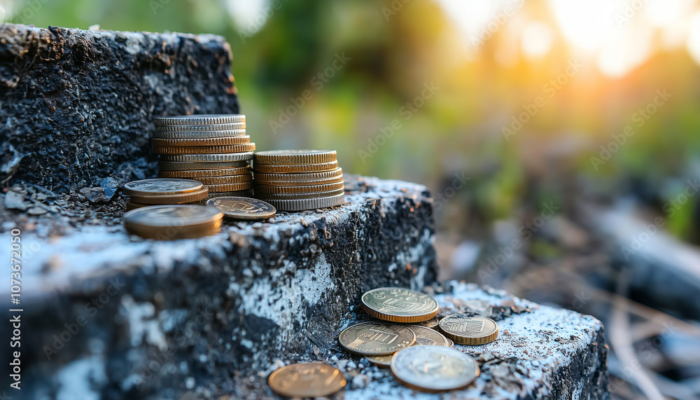 Poster coins stacked on stone step symbolize financial growth and stability. sunlight in background adds ho