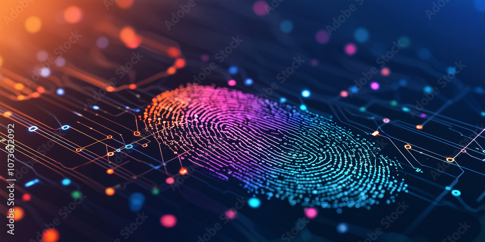 Aufkleber vibrant digital fingerprint is embedded within complex circuit board, symbolizing integration of technology and identity in colorful, futuristic design