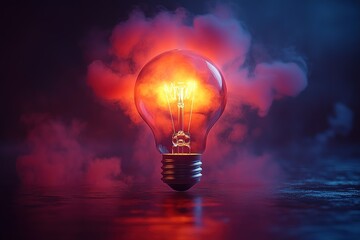 A glowing light bulb illuminates a dark and smoky backdrop, representing the power of ideas and innovation.