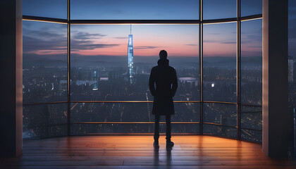 Fototapeta premium People standing with their backs to the rooftop of a tall building in a big city. Detail of the cityscape and lights from the skyscrapers.