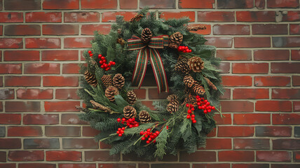 Festive Christmas wreath adorned with pine cones and red berries hanging on a brick wall during the holiday season