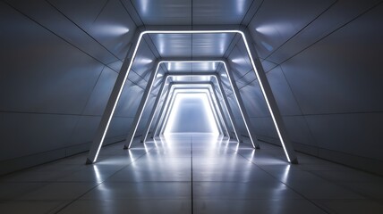 Fototapeta premium A futuristic hallway with bright, white lights. The sleek, minimalist design creates an intriguing atmosphere.