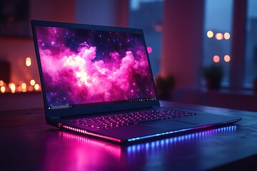 A modern laptop with a bright pink and blue light strip on the bottom, lit up with a colorful nebula on the screen.