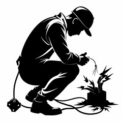 Electrician Silhouette Vector - Crouched Position, Working with Pliers, Cables Scattered (Black & White)