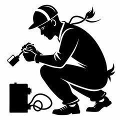 Electrician Silhouette Vector - Crouched Position, Working with Pliers, Cables Scattered (Black & White)