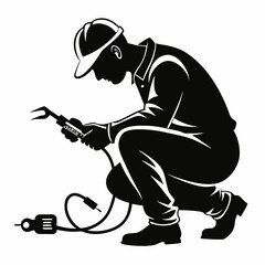 Electrician Silhouette Vector - Crouched Position, Working with Pliers, Cables Scattered (Black & White)