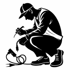Electrician Silhouette Vector - Crouched Position, Working with Pliers, Cables Scattered (Black & White)