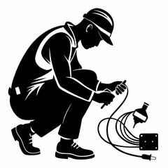 Electrician Silhouette Vector - Crouched Position, Working with Pliers, Cables Scattered (Black & White)