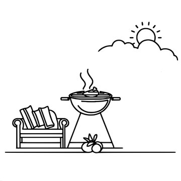 recommend clip art: Outdoor barbecue illustration with grill and relaxing sun