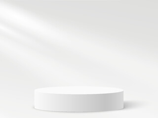 White circle podium and window light blur on white wall, pedestal and platform, round empty stages and podium stairs 3d template for product presentation