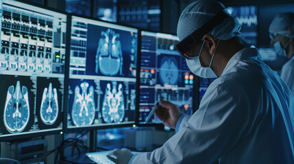 Medical Professionals Analyze Brain Scans Using Advanced Technology in a Modern Healthcare Facility During an Evening Shift