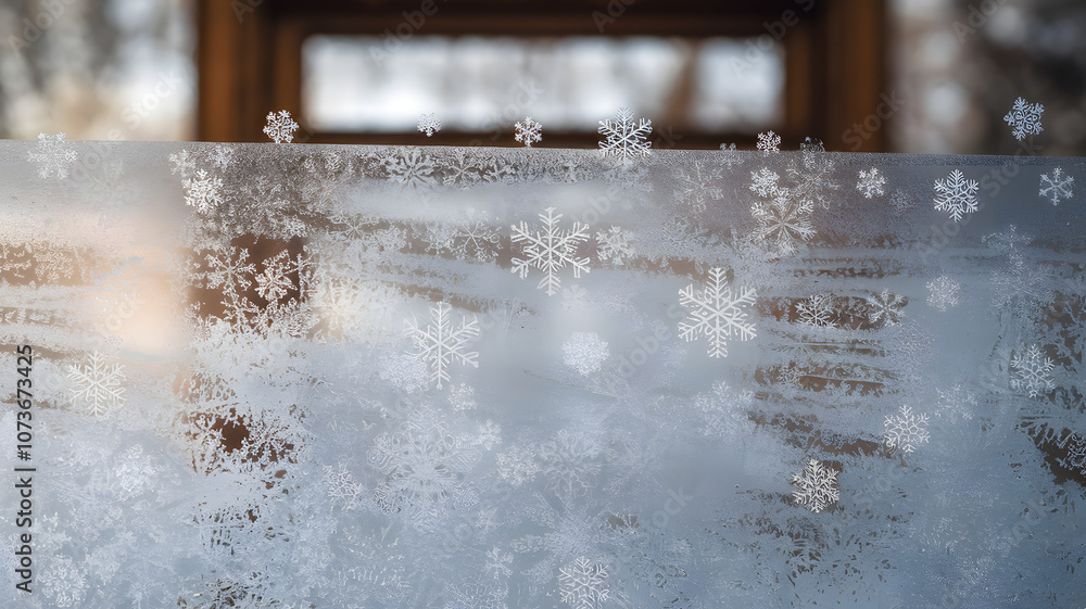 Poster frosted window with intricate snowflake patterns creating a winter atmosphere in a cozy indoor setti